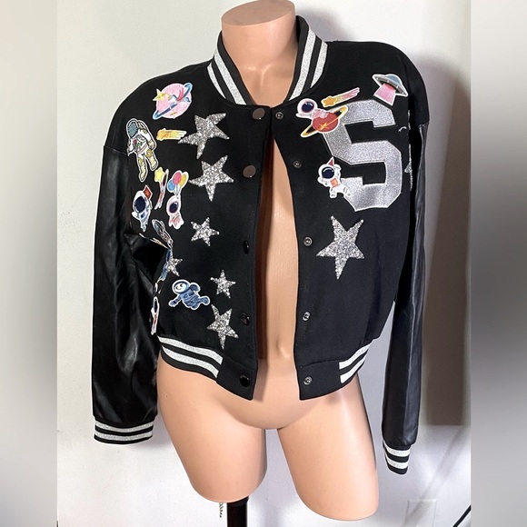SHEIN Cropped Varsity Style Jacket Black Custom Patch-Work Size M - Picture 7 of 12